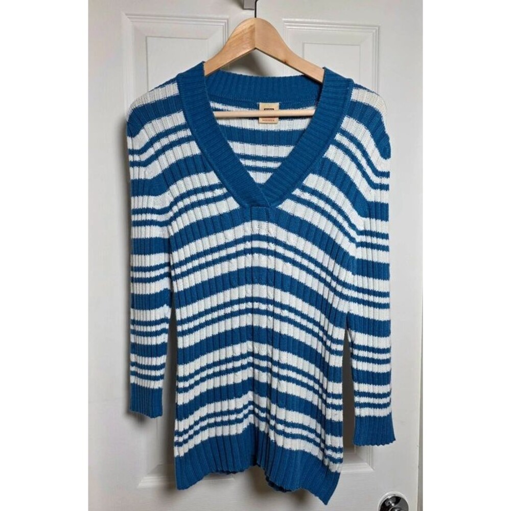 Vintage 90s Faded Glory Blue White Striped Cable Ribbed V-Neck Sweater